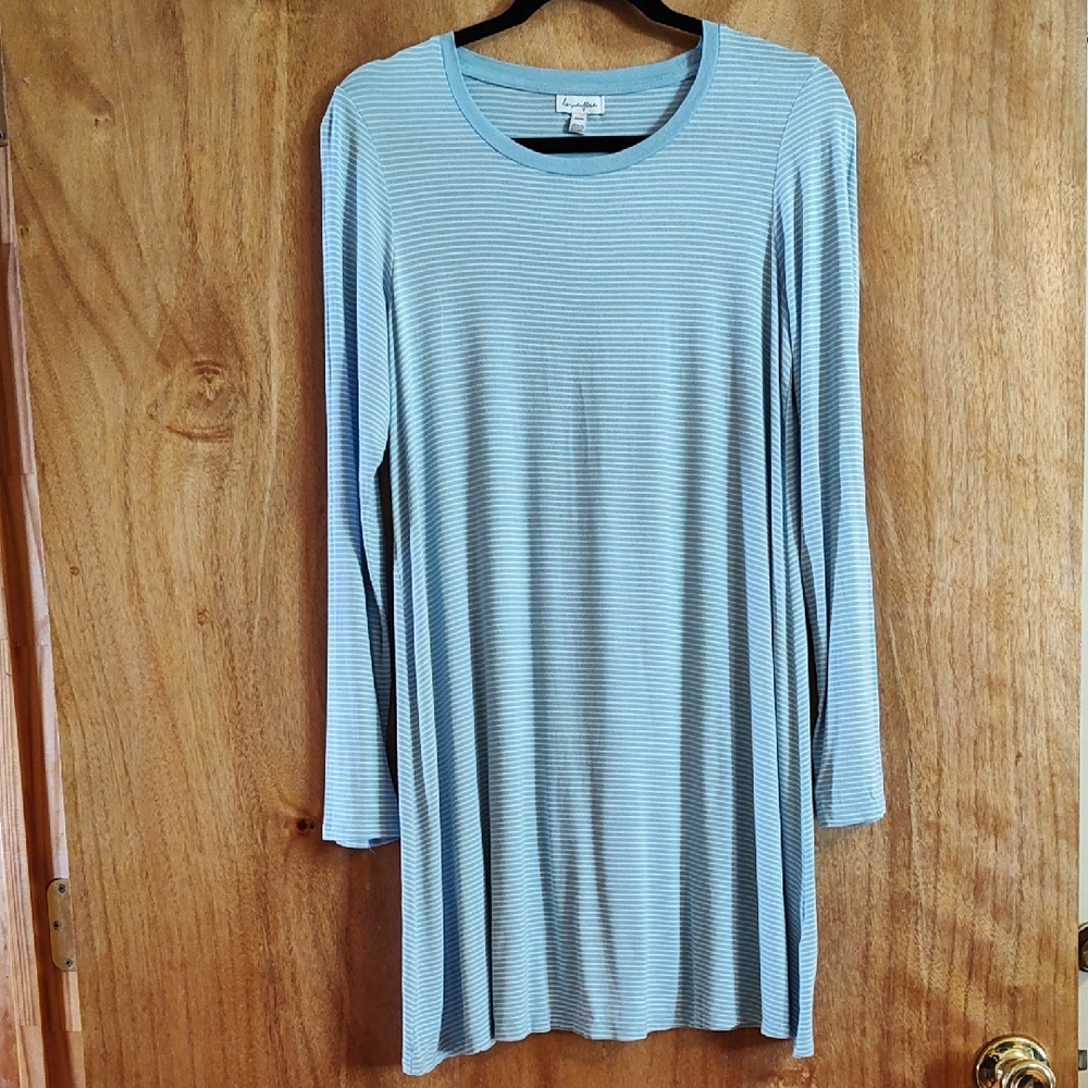 Love,Fire Comfy Trapeze Dress Baby Blue White Stripe Long Sleeve Cabincore Med